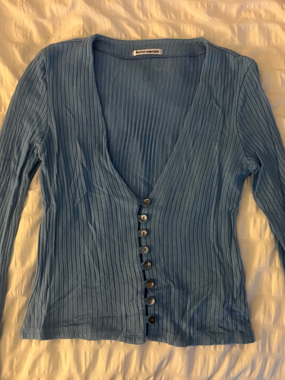 Reformation Blue Ribbed V-Neck Button Cardigan